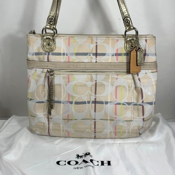 COACH Poppy Signature Ivory Gold Tattersall Sequined Glam Tote Purse 19867 - Picture 1 of 16